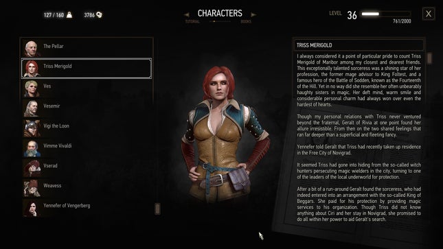 A screenshot of The Witcher 3 menu showing Triss' backstory.